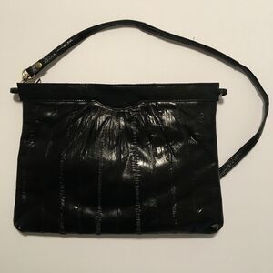 Black Eel Exotic Leather Purse Zippered Clutch Removeable Strap 12 x 8.5